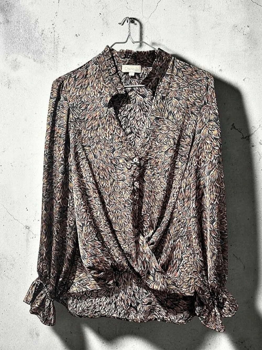 Chennault Abstract Print Wrap Blouse in Brown & Black Multicolored